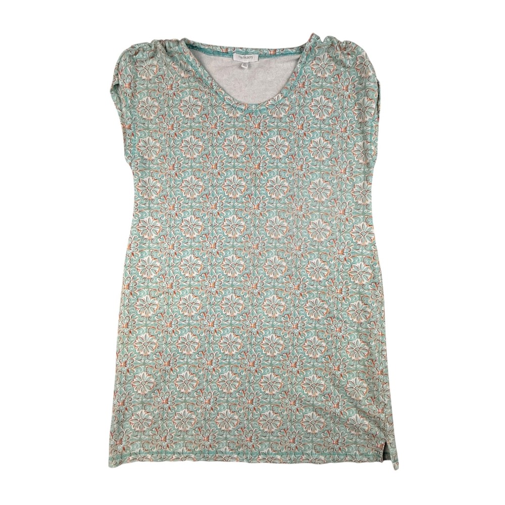 T by Talbots Dress Women's Large Petite Cap Sleeve Jersey Medallion Scroll Teal